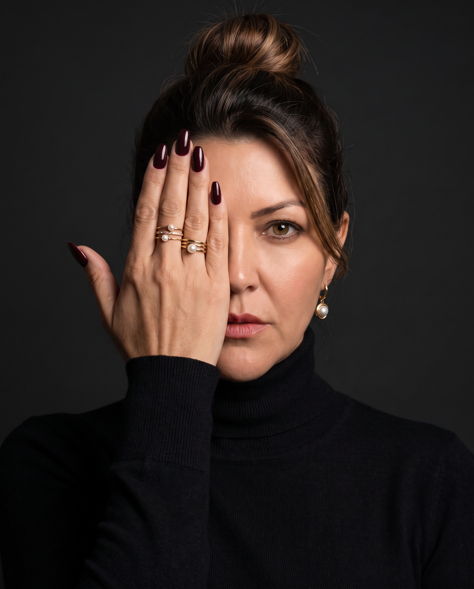 Retrato feminino em estúdio com gola alta preta