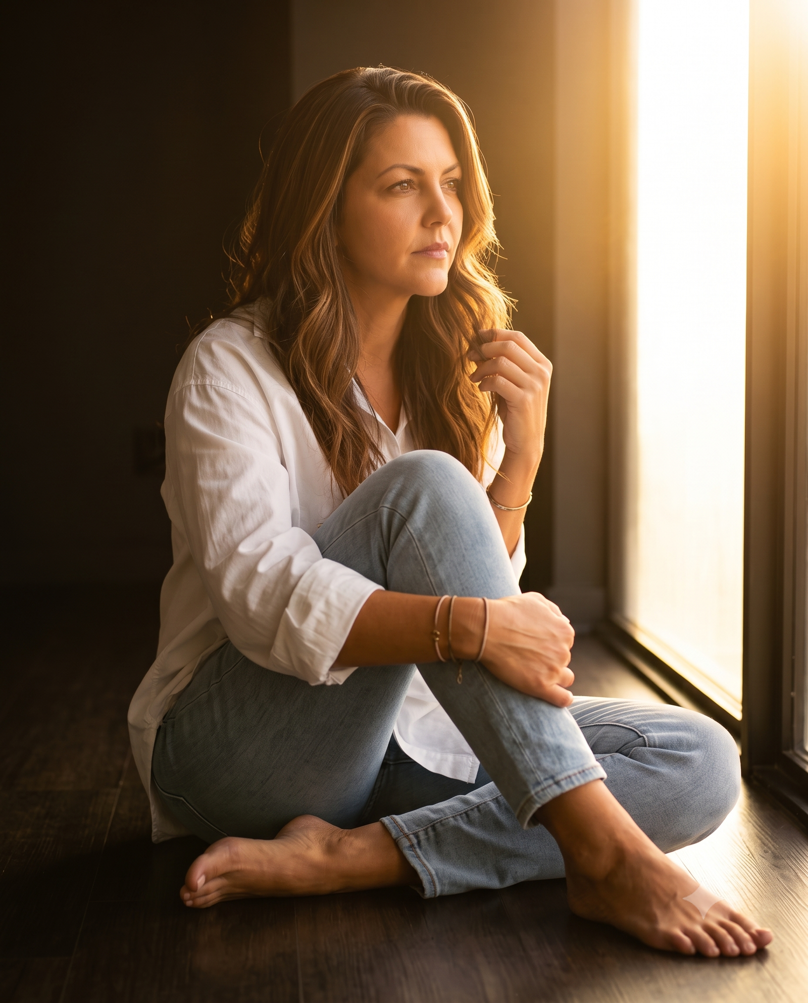 Retrato feminino em luz de golden hour