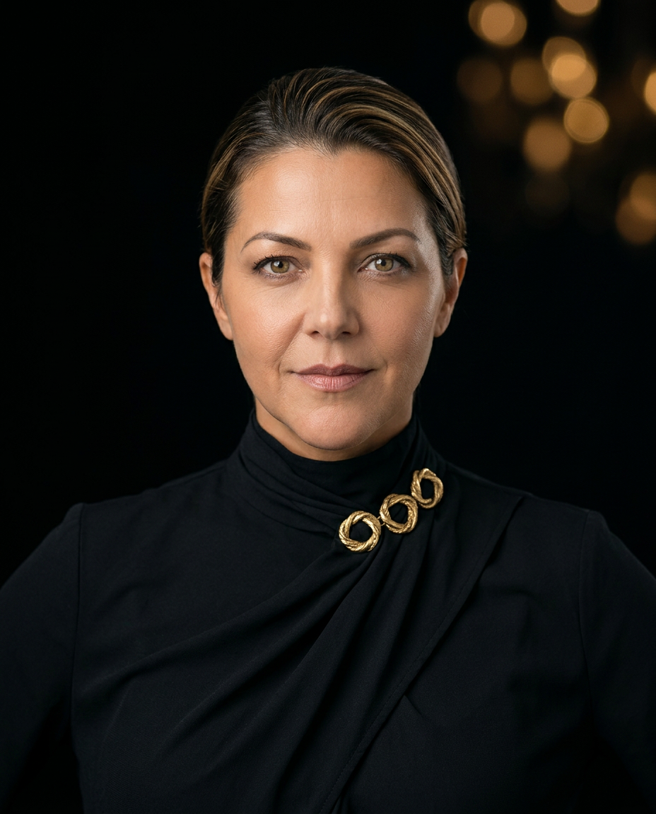 Retrato feminino com cabelo preso e broche dourado